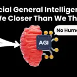 The terms "AGI," "Gemini," and "Grok" are displayed in this abstract futuristic illustration of Artificial General Intelligence (AGI), signifying sophisticated AI systems.